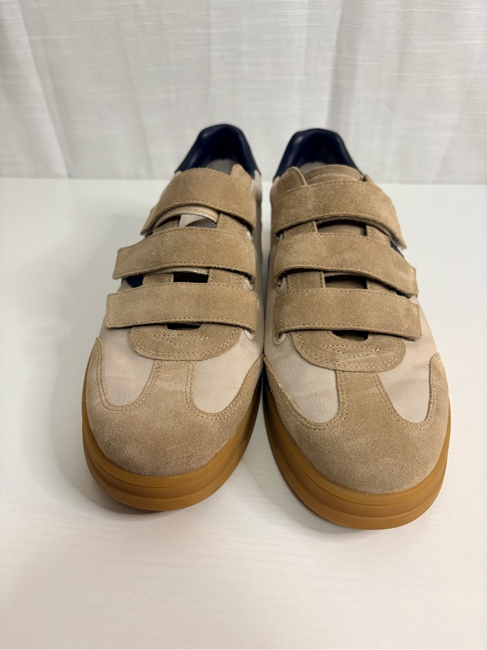 Veronica Beard Reagan Beige Suede & Canvas Triple-Strap Sneakers